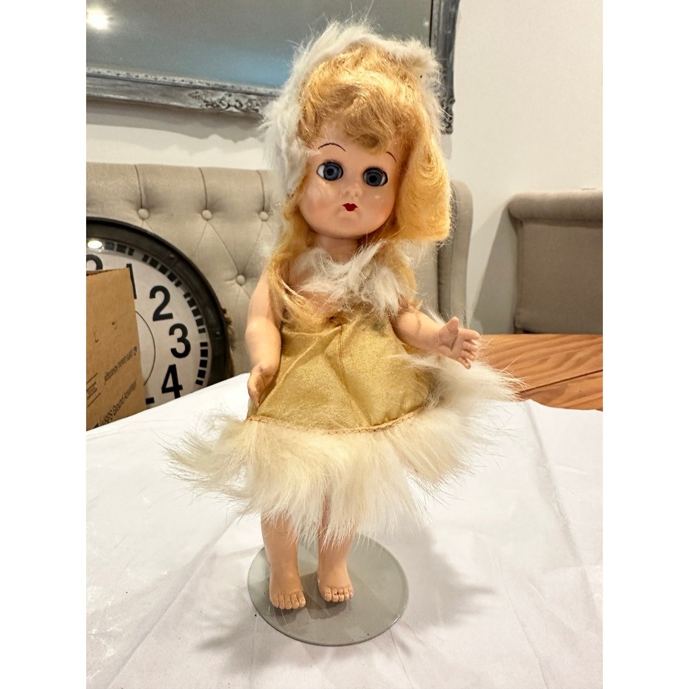 Vintage 1950's Doll Hard Plastic Handmade Fur Trimmed clothing Googly Eyes 9"